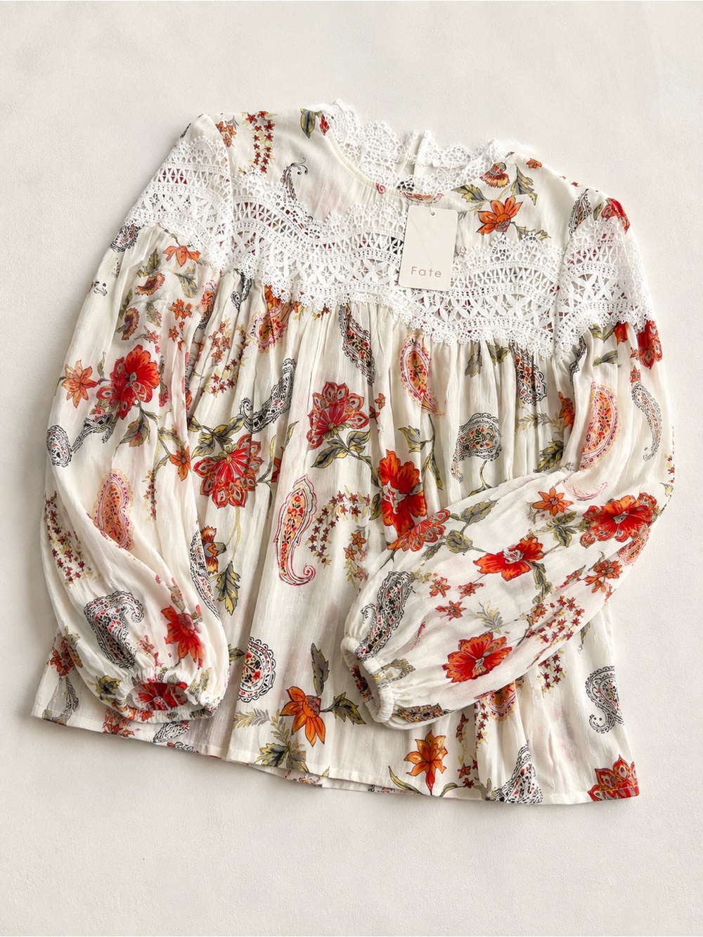 Fate White Floral Lace-Yoke Long Sleeve Blouse with Red & Orange Blooms